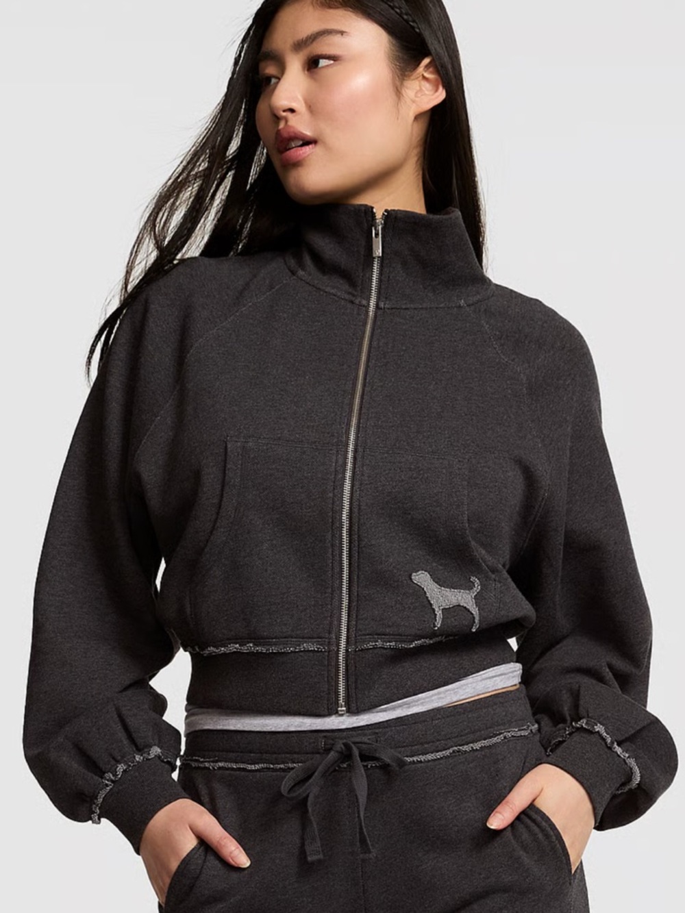 PINK Victoria's Secret Gray Zip Crop Bomber Jacket